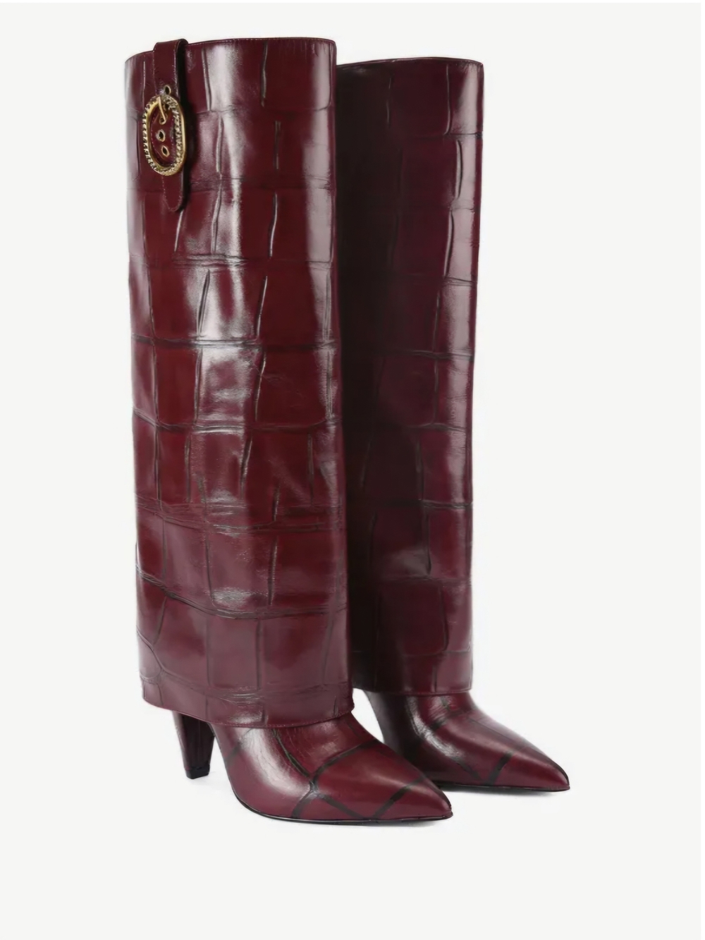 Kurt Geiger Burgundy Croc-Embossed Pointed Knee Boot with Gold Buckle - Picture 2 of 7